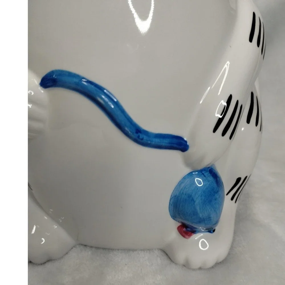 Vintage Ceramic Cat Cookie Jar‎ Taiwan White Cat w Mouse Yarn 1980s